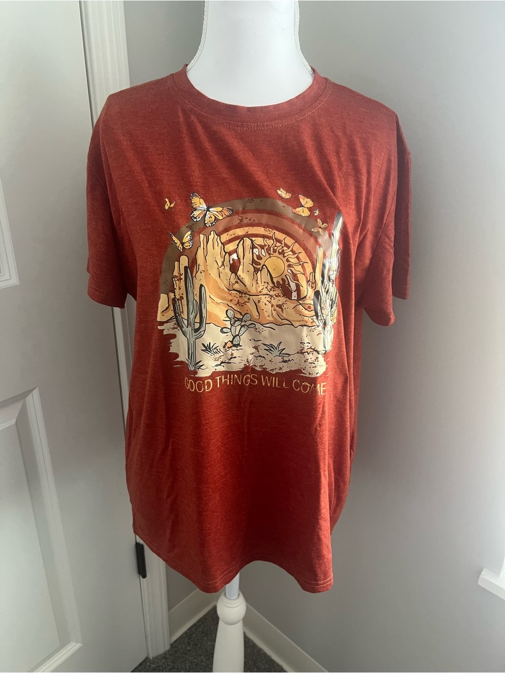 SHEIN Rust Orange Desert Graphic Tee with Butterflies